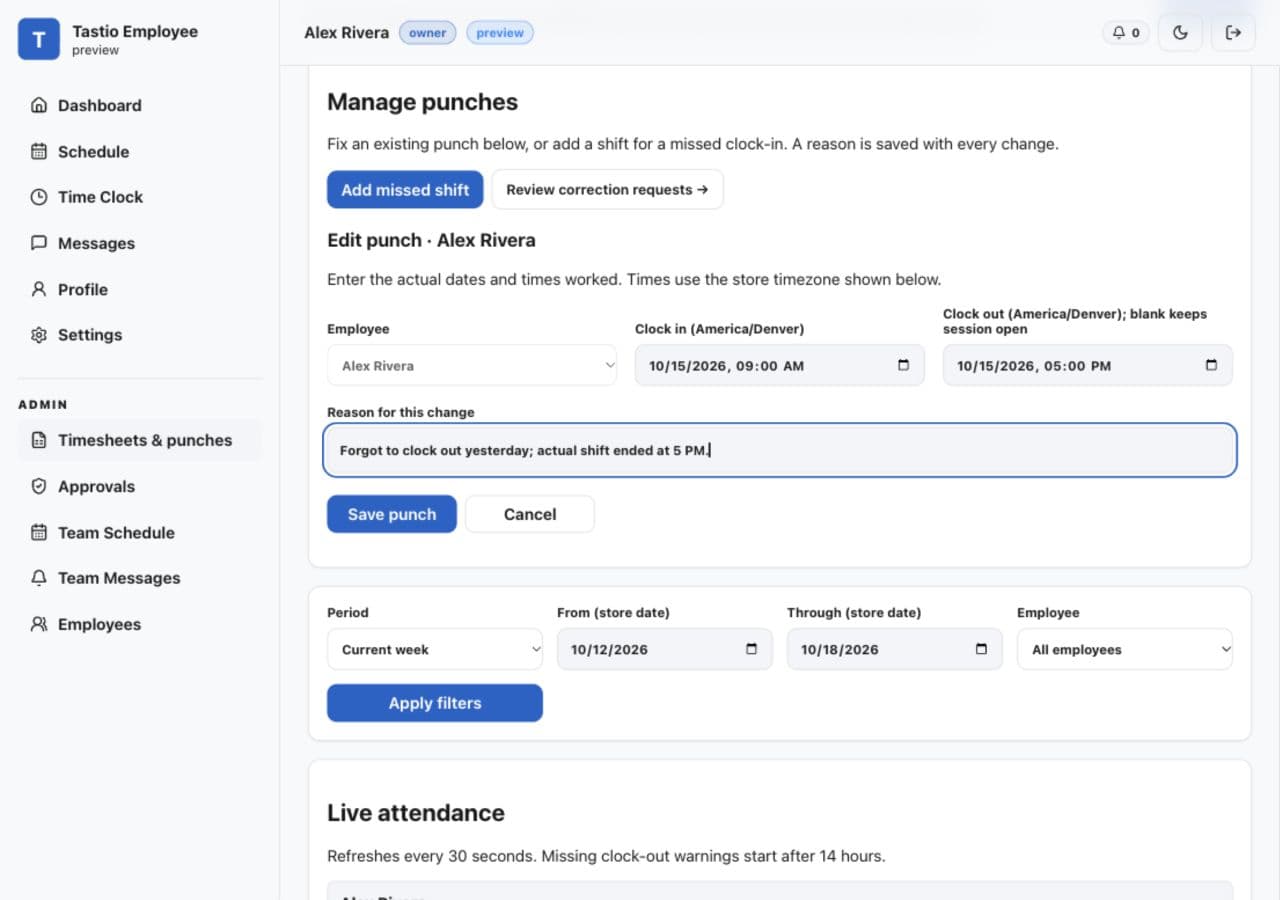 Tastio manager editing clock-in and clock-out times with a required reason and an Add missed shift button, using sample data