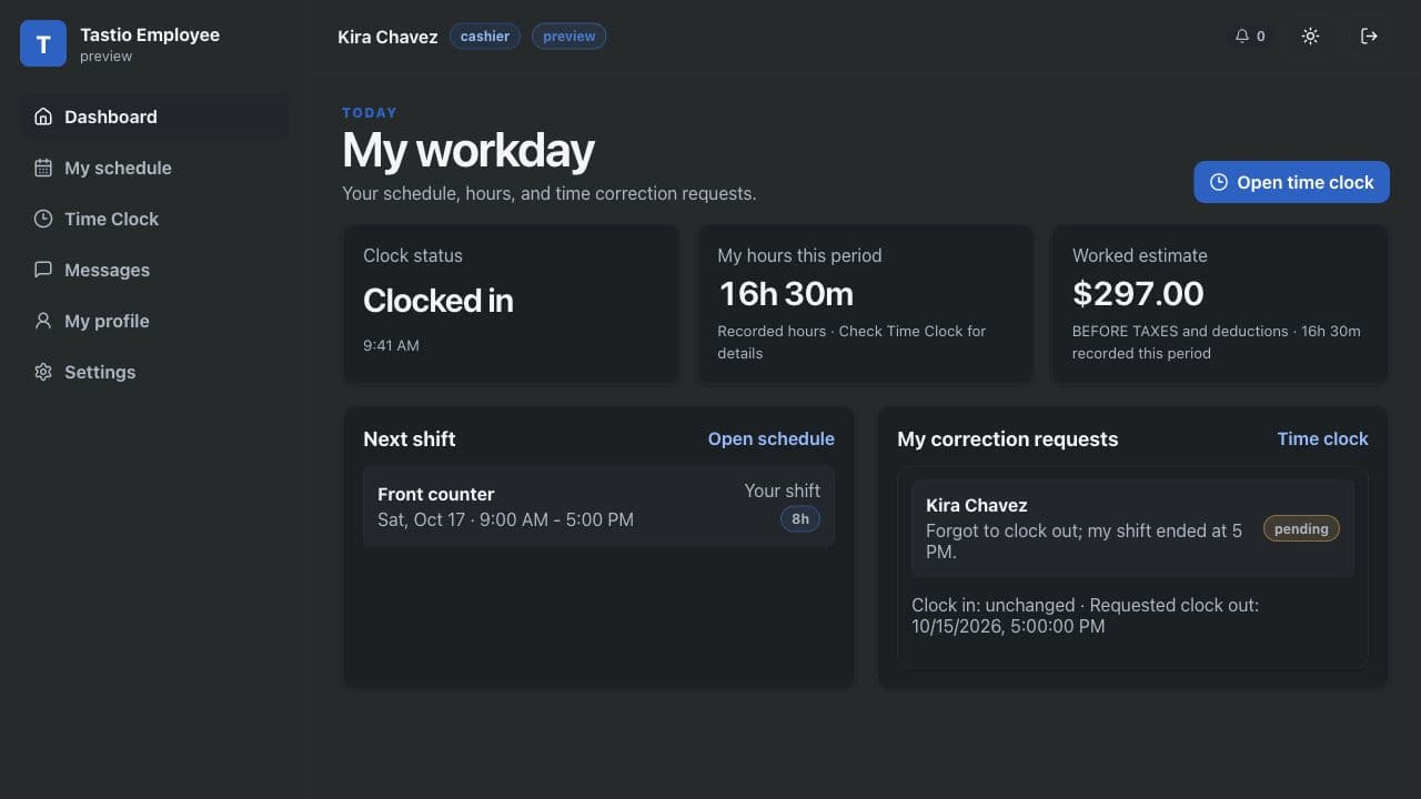 Tastio Employee personal dashboard showing clock status, recorded hours, estimated gross earnings before taxes, and correction requests with sample data