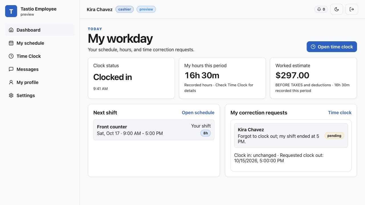 Tastio Employee personal workday dashboard in light mode with sample recorded hours and an earnings estimate labeled before taxes