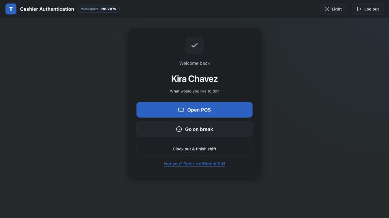 Tastio PIN-verified cashier screen offering Open POS, Go on break, and Clock out and finish shift with sample employee Kira Chavez