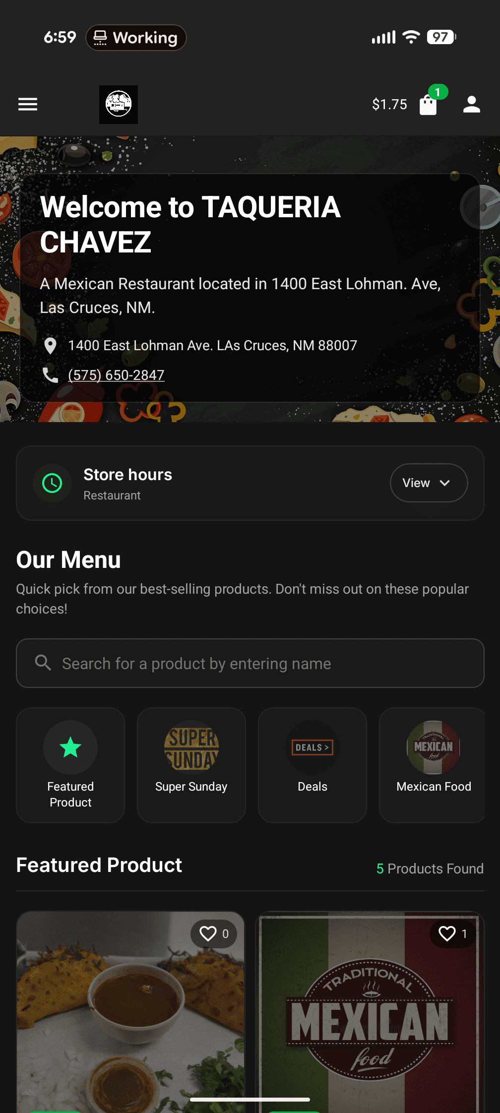 Taqueria Chavez customer mobile app with its menu and featured products